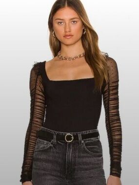 Free People Black Sheer Sleeve Square Neck Top